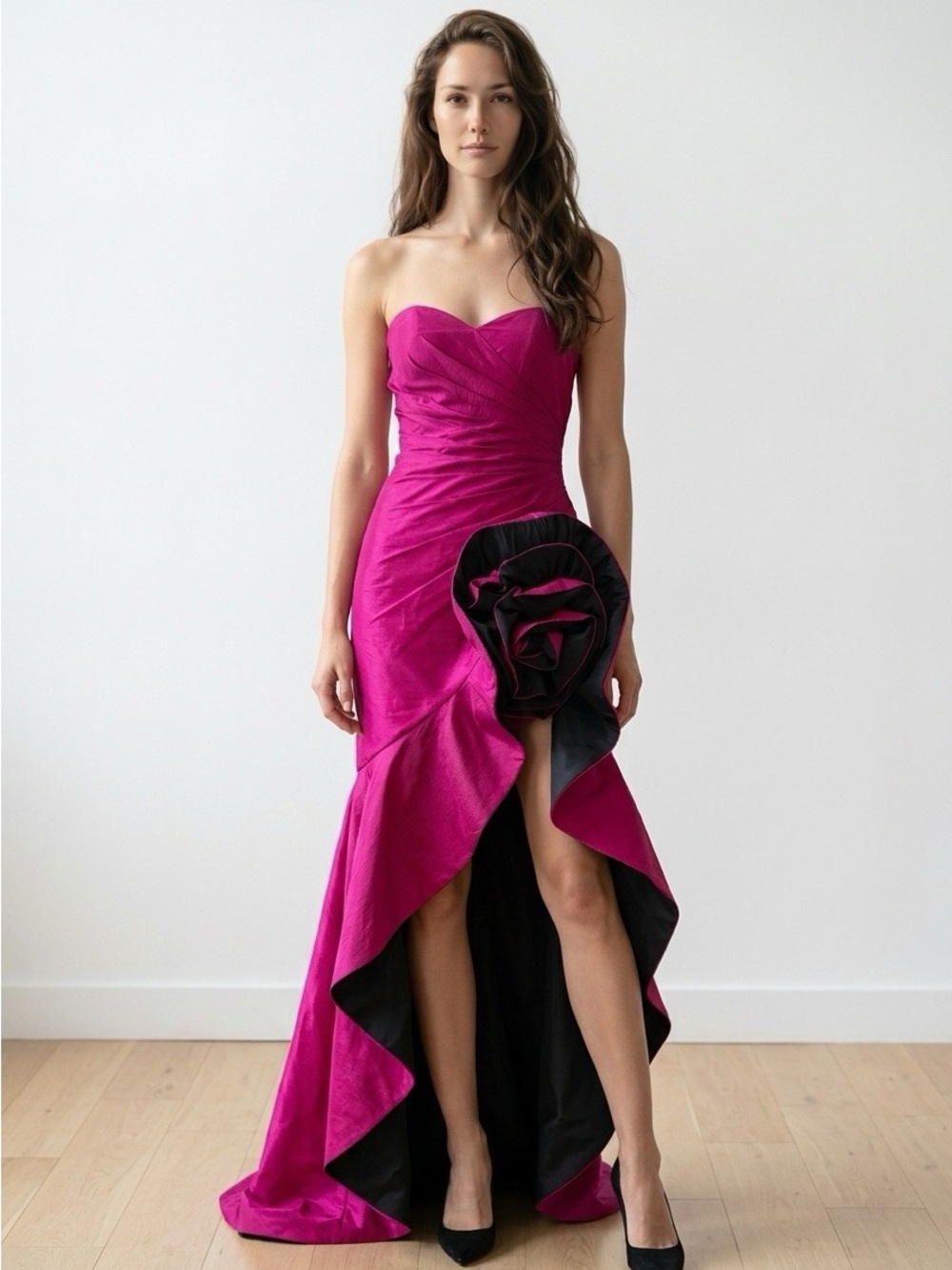 Strapless Fuchsia Evening Gown with Floral Accent